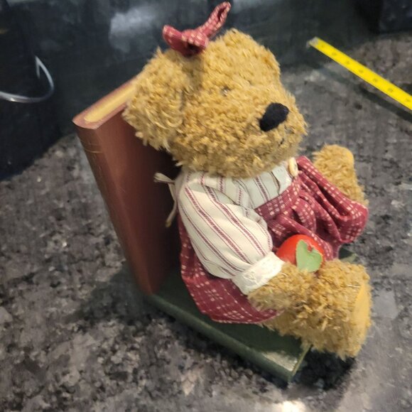 Vintage Teddy Bear Bookend - Red Gingham Dress & Bow Holding an Apple - Picture 3 of 16